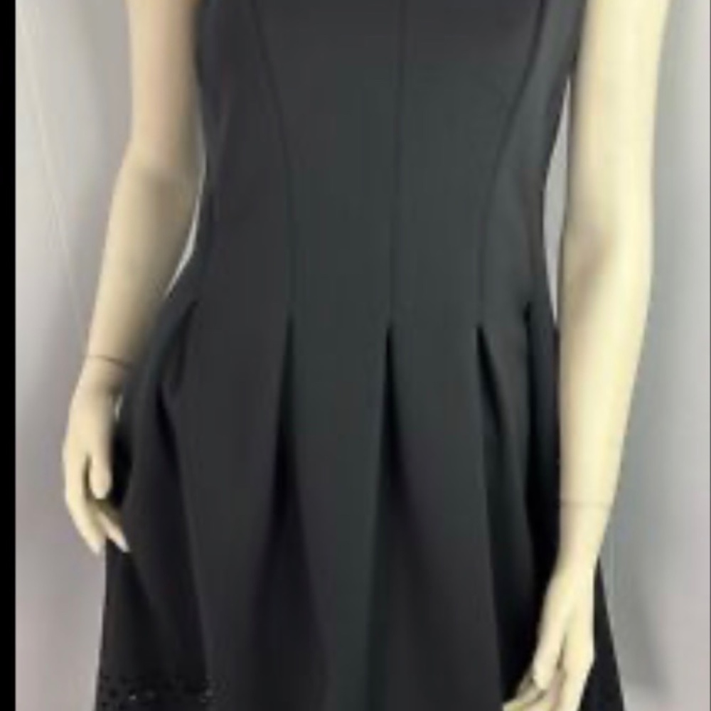 Ann Taylor Black Scuba Pleated Flare Laser Eyelet Cutout Dress Size 8